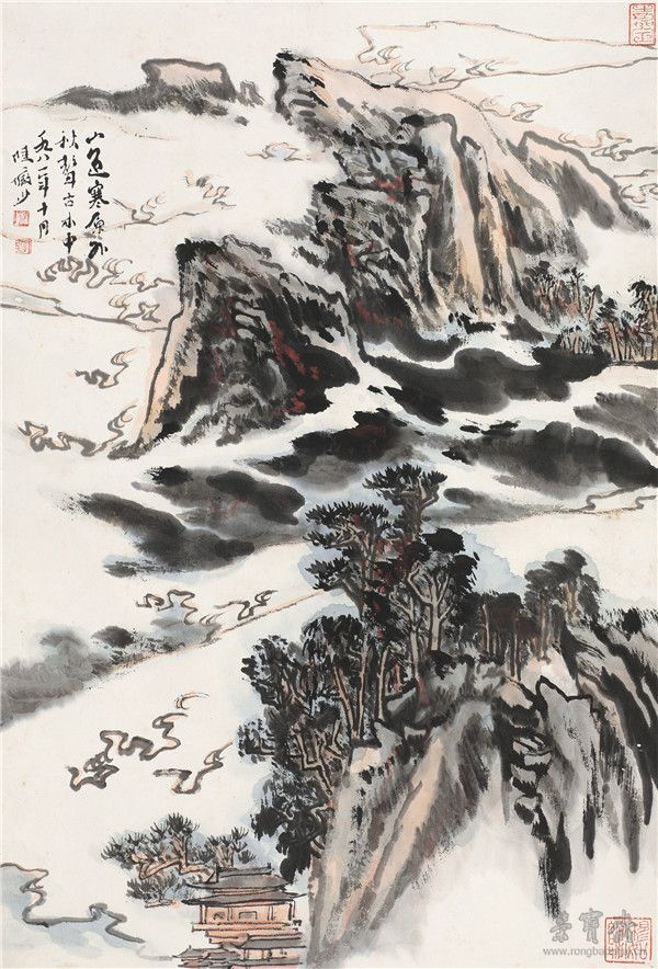 *55陸儼少1909-1993 秋山蕭寺 設色紙本立軸