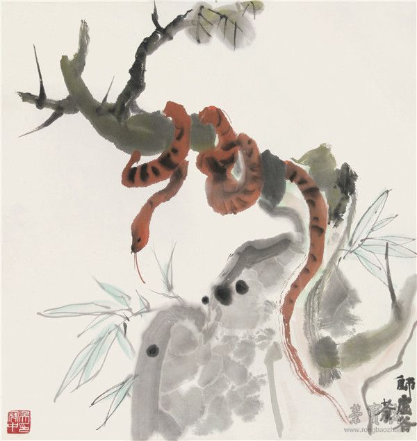 ?*74吳冠中1919-2010 仿虛谷蛇 設色紙本鏡心