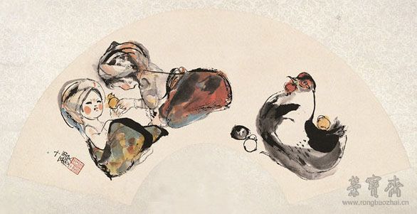 程十發 育雛圖扇 17.5cm×54cm